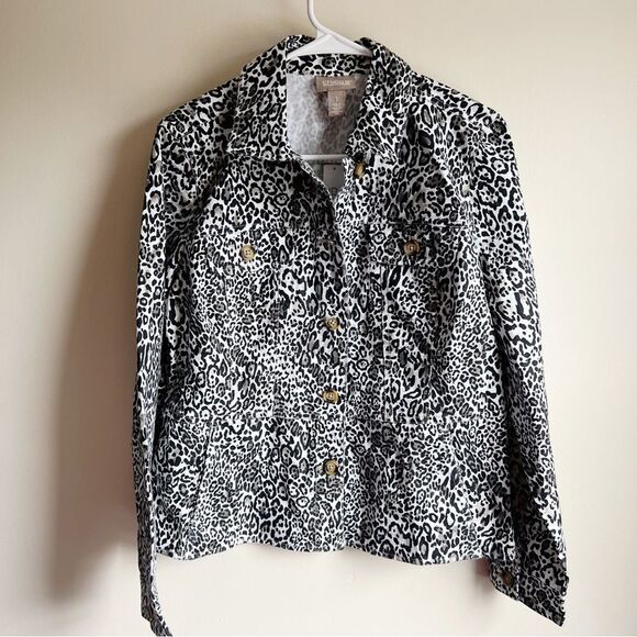 Chico's Jackets & Blazers - Chicos Classic Cheetah Peplum Button Denim Jacket Heatherstone Taupe NWT